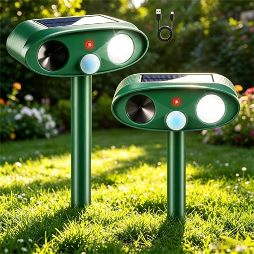Upgraded Solar Ultrasonic Animal Repeller Outdoor Cat Deterrent Deer Repellent Devices Dog Repeller with Motion Sensor & Strobe Light & USB Charging Deterrent Rabbit Squirrel Skunk Racoon for Yard
