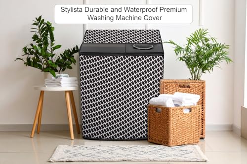 Image of Stylista Waterproof and Dustproof Polyester Washing Machine Cover Compatible for Godrej 7 Kg Semi-Automatic Top Loading WS EDGE CLS 70 5.0 PN2 GPGR, Check Grey