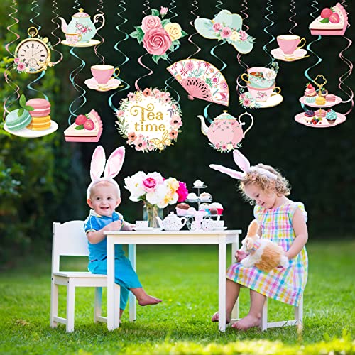 Image of Faccito 53 Pcs Tea Party Decorations Birthday Supplies - Floral Tea Party Birthday Decor Hanging Paper Swirls with Teacup Partea Time Ceiling Decoration for Spring Women Adults Bridal Wedding Favors