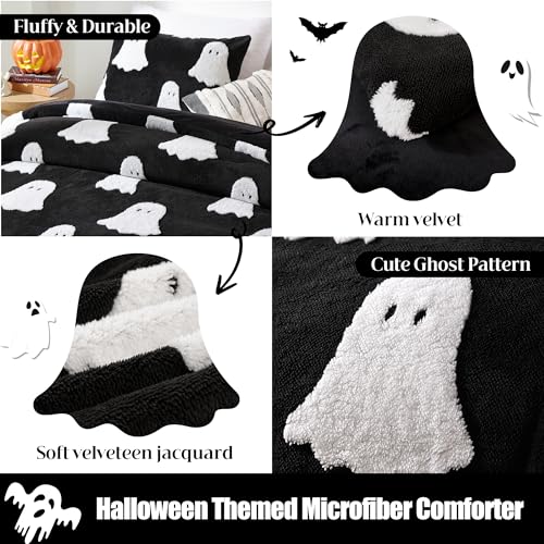 Smoofy Queen Black Comforter Set - Halloween Bedding Set Queen Size with White Ghost, Black Comforter Queen Bed Comforter Sets (1 Fluffy Queen Comforter and 2 Pillowcases)