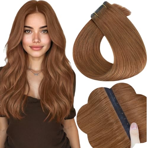 Image of Full Shine Butterfly Weft Hair Extensions Human Hair 16 Inch 50G Ginger | Thin Double Sided Genius Weft, Invisible PU Hole Design, Micro Bead Wear for Women, Seamless Blend Fix
