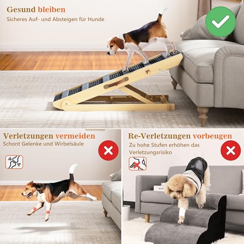 Hunderampe aus Holz, verstellbare Rampe Hund für Sofa, Bett oder Auto, 7-stufig höhenverstellbar 28–68 cm, tragbar, rutschfeste Hundetreppe mit Teppich, ideal für kleine und ältere Hunde, bis 90 kg