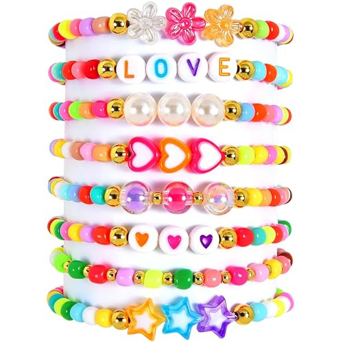 CHENSILAIYI Friendship Bracelet Set for Women & Girls - Trendy Handmade Jewelry Gift with Love Charms, Rainbow Color, Boho Beads & Adjustable Design 8-Pack (Colourful Style A)