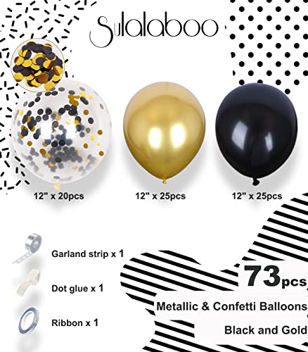 Image of Metallic Black and Gold Balloons 12 Inch 73PCS Gold Black Confetti Latex Balloons Shiny Helium Balloon Set for Birthday Party Anniversary Graduation Decorations