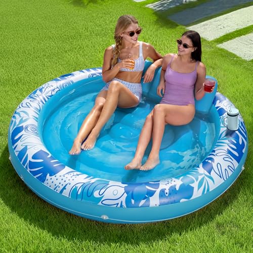 SLOOSH Inflatable Tanning Pool Lounger Float, 72' x 56' Pool Floats Adult with Pillow, 4 in 1 Round Suntan Tub Raft Floatie,Sunbathing Bed Lounge for Water Blow Up Ball Pit Party Gifts, Blue