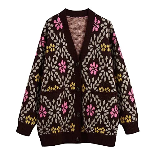 Cardigan Femme,Col en V Fleurs Vintage Marron Foncé Cardigan Épais Chandail Tricoté À Manches Longues Bouton Manteau Grande Taille Garder Au Chaud Vêtements D'Extérieur pour Femmes Mi-Long, L Cover