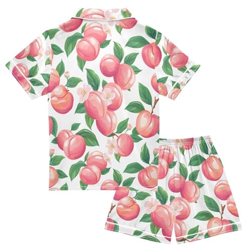 ALAZA Peach Fruit Leaves Flower Pajamas Satin Pajama Set Short Sleeve Button Down Sleepwear2