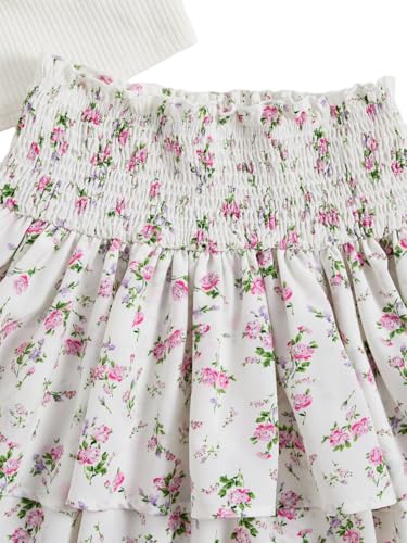 Image of RoseSeek Girl's 2 Piece Outfits Lace Ruched Camisole Tops and Shirred High Waisted Layered Floral Skirts Set