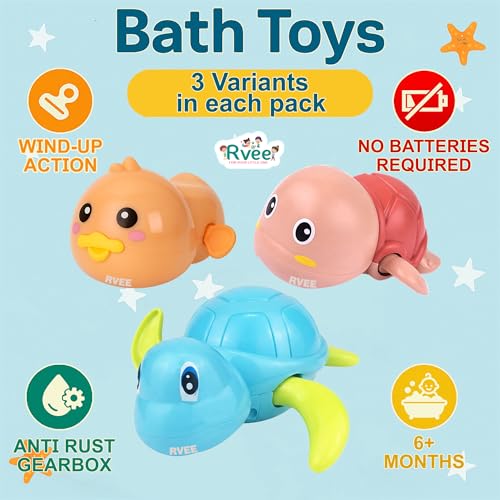 Image of RVEE Wind Up Bath Toys for Kids (Pack of 3) | Swimming Turtle, Whale & Duck Bathtub Toys | Baby Bath Toys for Toddlers 1-5 Years | No Battery Water Toy | Return Gift for Boys & Girls