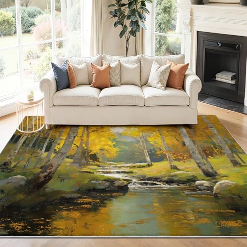 Alfombra Salon 90 x 150 cm Antideslizante Alfombras Lavables en Lavadora Habitacion Dormitorio Impresionismo Bosque de abedules Otoño Comedor Modernas Tapete Quarto Pelo Corto Amarillo