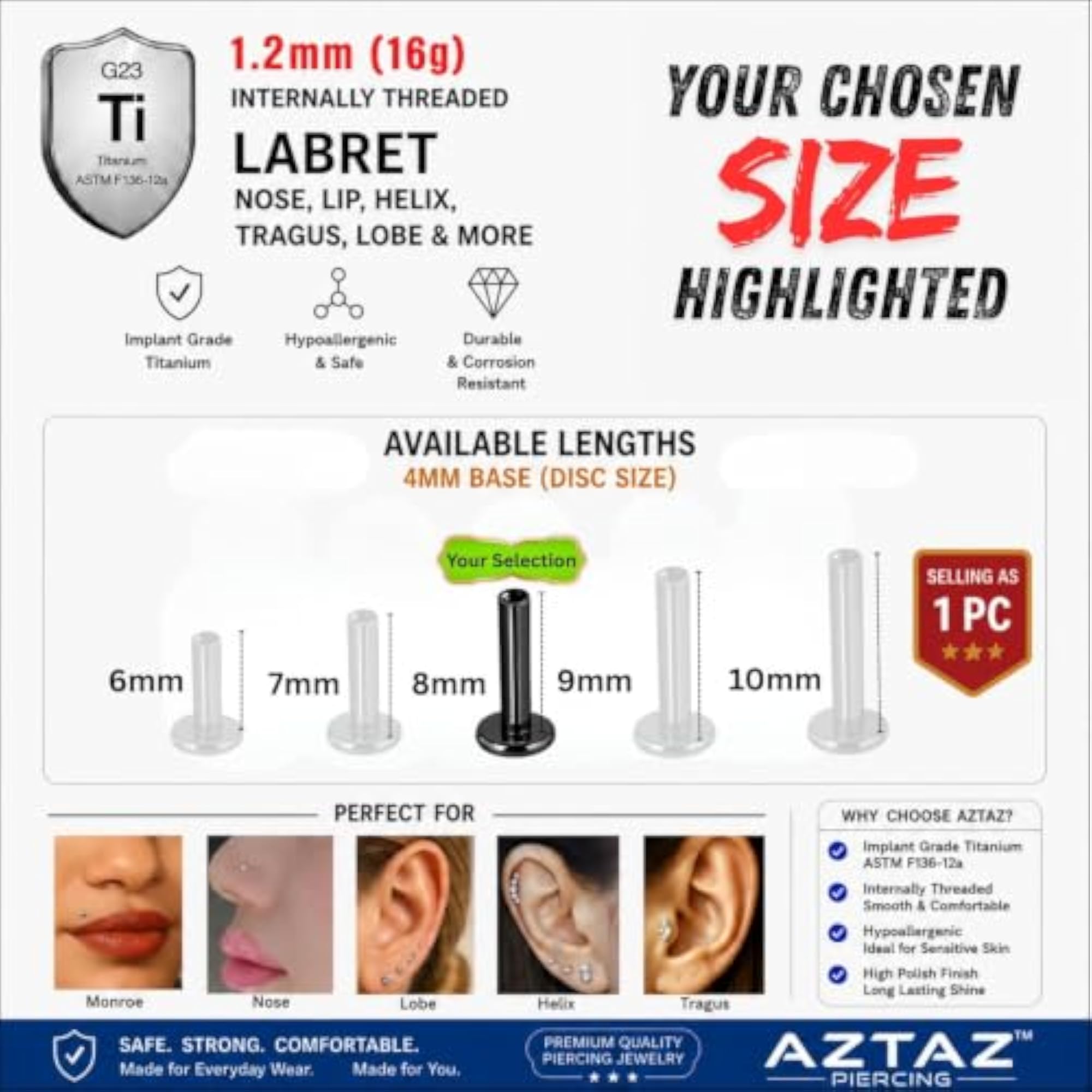 Titanium G23 Internally Threaded Labret Post, 4mm Base