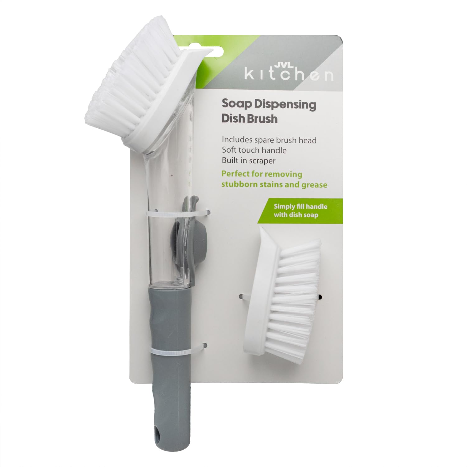 JVL Soap Dispenser Washing Up Brush with Refill Brush Head – Dish Scrubbing Brush for Kitchen Sink, Liquid Soap Dispensing Handle