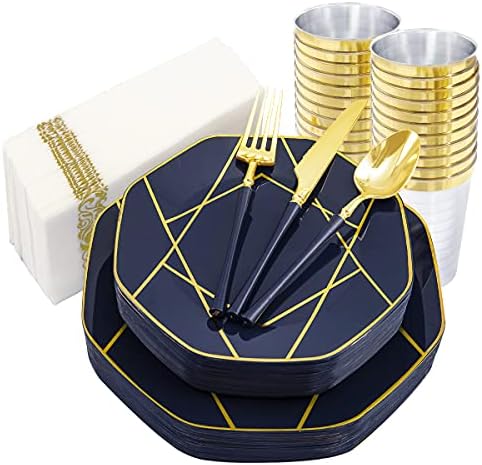 PULOTE 140PCS Blue Plastic Plates with Gold rim - Include 20Dinner Pates 20Dessert Plates 60 Gold Plastic Cutlery 20Cups 20Napkins - Octagonal Gold Plastic Plates for Wedding&Party