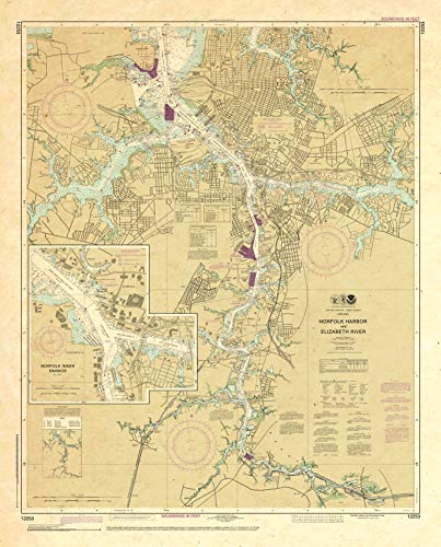 Paradise Cay Publications, Inc. Antiqued NOAA Chart 12253: Norfolk Harbor and Elizabeth River