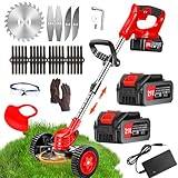 Desbrozadora inalámbrica de 21 V, desbrozadora eléctrica con 2 baterías 4.0 Ah y 4 tipos de cuchillas, ruedas extraíbles, desbrozadora de jardín de altura ajustable para césped y arbustos