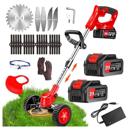 Tagliabordi a Batteria 21V Decespugliatore a Batteria con 2 4.0Ah Batterie e 4 Tipi di Lame Tagliaerba a Batteria Elettrico con Ruote Altezza Regolabile Decespugliatori per Giardino, Prati, Arbusti