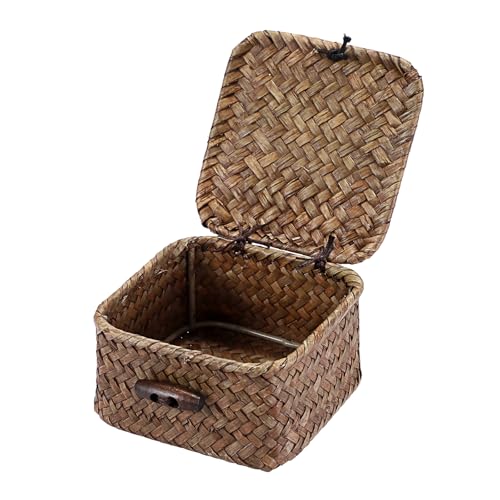 Hipiwe Mini Seagrass Basket Wicker Shelf Baskets with Lid Small Decorative Box Natural Storage Basket for Organizing Key Candy Home Decor 3.5L x 3.5W x 2H