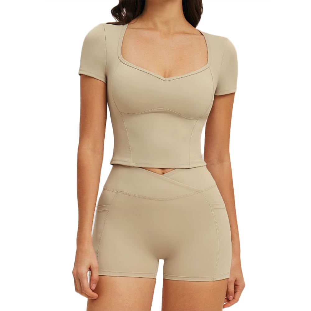 XYFfybhsd Women's 2 Piece Yoga Set, Square Neck Short Sleeve Crop Top with High Waist Shorts, Activewear for Gym Workout(Size:L,Color:Light brown)