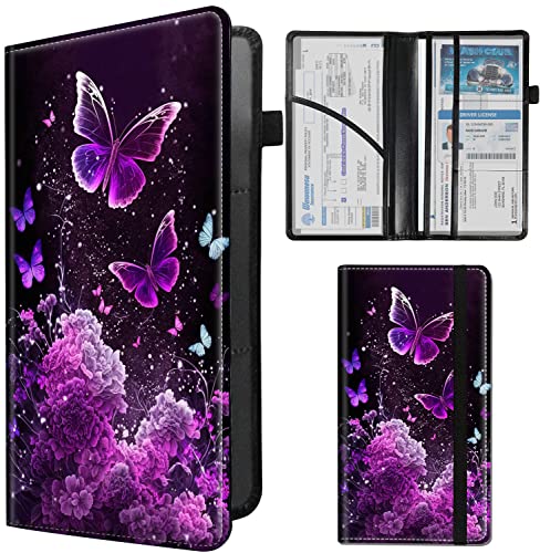 SDDFRHGH Car Registration and Insurance Holder,Leather Insurance License and Registration Card Holder for Car Glove Box, Auto Truck Document Holder Organizer for Men Women-Purple Butterflies Flower