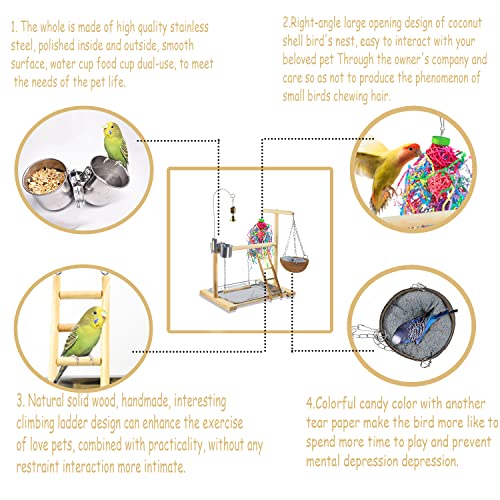 Image of Bird Stand Fun Straw Bell Toys,Parrot Wooden Platform Stand with Perch Ladder, Swing, Bell & Feeder