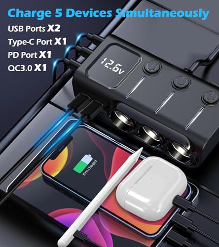 8 in 1 Cigarette Lighter Splitter, LIHAN 3 Socket Car Charger Adapter, Type-C QC3.0 PD36W Dual USB Charger Port, Car 12V/24V Plug Outlet with Independent Switches, LED Voltmeter(3.3FT Cable)