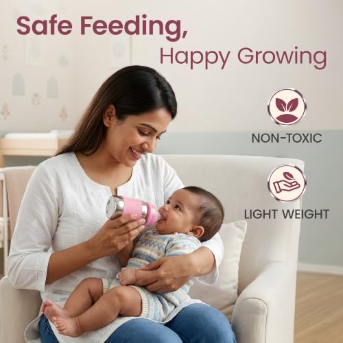 Image of LuvLap Baby Steel Feeding Bottle 140ml, Made of SS304 Rust Free Steel, Baby Milk /Water Bottle with Dust Cover, Heat Protective Silicone Cover, BPA Free, Odour Free, Leak Proof, Pink, 0M+