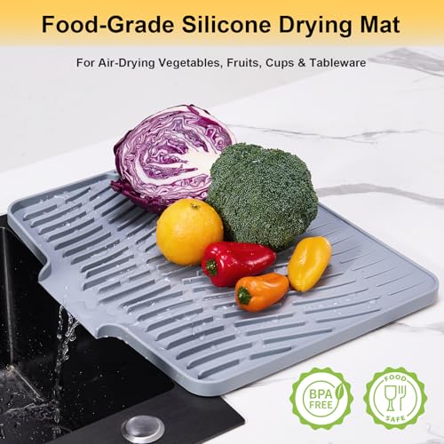 Silicone Dish Drying Mat for Kitchen Counter,Non-Slip Dish Drying Pad with Drain Lip,Heat Resistant Sink drying Mat for Dishes,Large Rubber dish drain mat dish rack mat (Grey,15.8\"x13\")