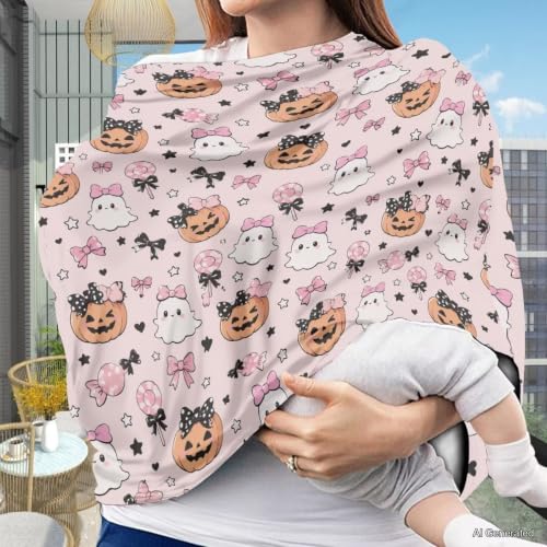 Image of Wanyint Car Seat Covers for Babies Girls Boys, Stretchy Carseat Canopy Soft Baby Breastfeeding Nursing Scarf Infant Stroller Cover Halloween Decor, Cute Ghost Pumpkin Bow Pink