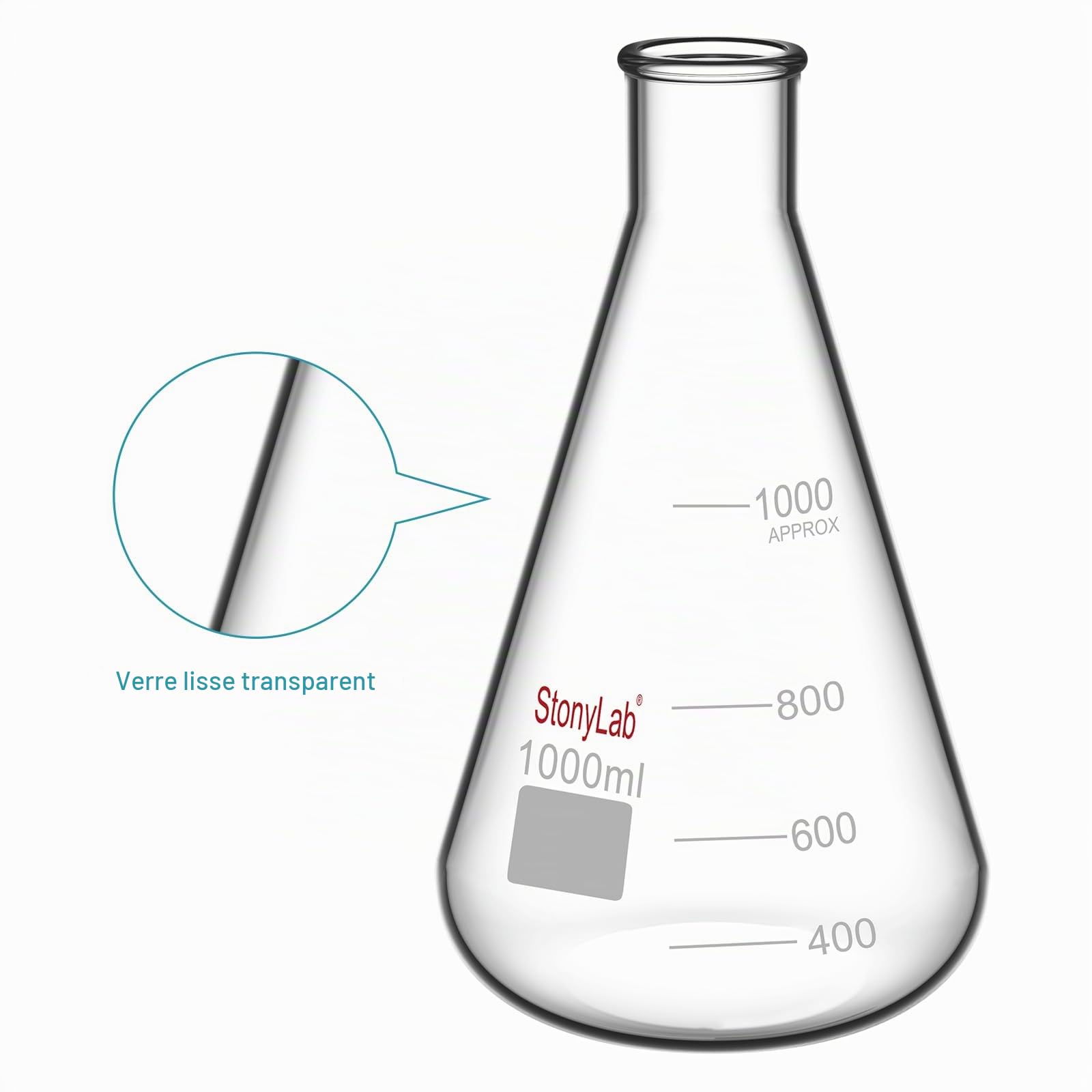 stonylab 1-Paquet Erlenmeyer Fiole en Verre Borosilicate, Erlenmeyer Flask à Paroi Épaisse avec Bord Résistant - 1000ml