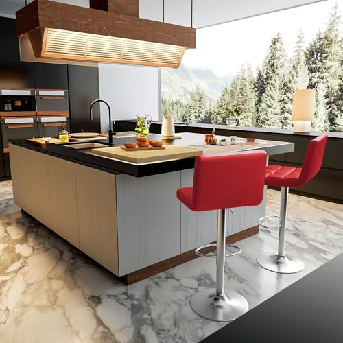 Image of Homall Bar Stools Modern PU Leather Adjustable Swivel Barstools, Armless Hydraulic Kitchen Counter Bar Stool Extra Height Square Island Barstool with Back Set of 2 (Leather, Red)