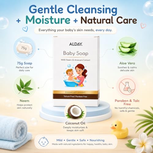 Image of 75g Baby Soap with Neem, Aloe Vera & Coconut Oil | Gentle, Moisturizing & Safe for Sensitive Skin | Paraben & Talc Free | Daily Baby Bath Soap
