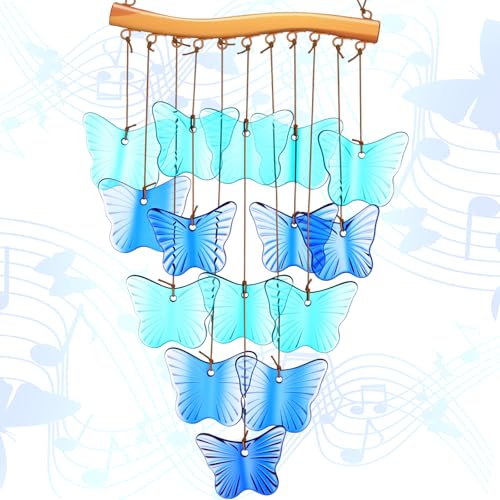 Bucherry 24 Inch Blue Glass Butterfly Wind Chime Butterfly Glass Suncatchers Blue Wind Chime Gift Windows Hanging Suncatchers for Spring Summer Holiday Indoor Outdoor Decoration
