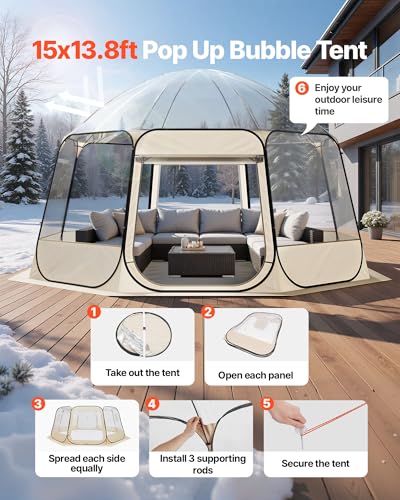 VEVOR Pop-up-Bubble-Zelt, 458 x 432 x 230 cm, transparentes Campingzelt, Garten-Kuppel-Iglu-Zelt mit Fenstern, Sportzelt, 540°-Panoramablick, für 12–15 Personen, Terrasse, Hinterhof
