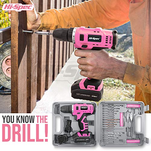 Hi-Spec 50Pc Pink 12V Electric Battery Drill Driver Kit & Bit Set For Women. Cordless Portable Power For Ladies In A Tool Box #TOP5