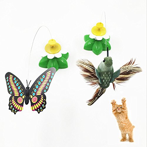 Set of 2 Interactive Electric Rotating Butterfly and Bird Toy For Pet Cat Random Butterfly&Bird Chase Kitten Cat Playing Toy (Butterfly and Bird)