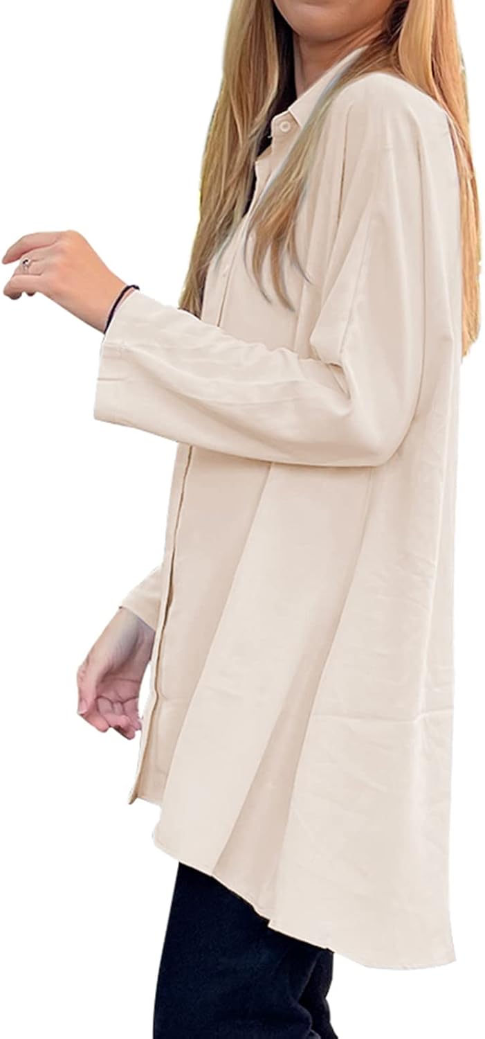 Aoysky Womens Oversized T Shirts Button Down Long Sleeve Shirt V Neck Collar Loose Flowy Blouse - Image 2