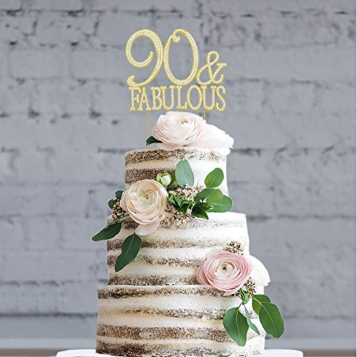 90 Cake Topper - Premium Gold Metal - 90 And Fabulous - 90Th Birthday Party Sparkly Rhinestone Decoration Makes A Great Centerpiece - Now Protected In A Box #TOP2
