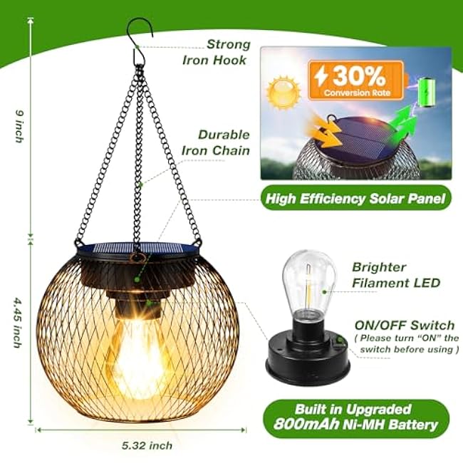 Solar Lanterns Outdoor Waterproof 4 Pack, Upgraded Metal Solar Hanging Lights with Hooks & Auto On/Off, Brighter Warm Outdoor Hanging Lantern Lighting for Porch Garden Yard Pathway Decor