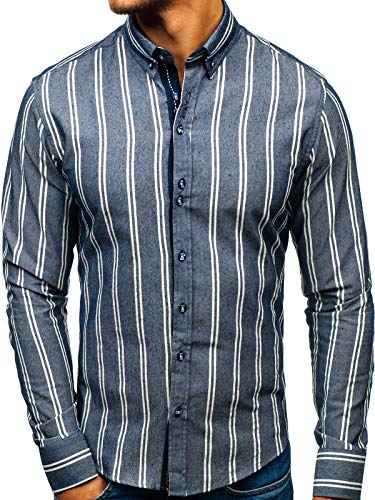 BOLF Hombre Camisa de Rayas de Manga Larga Cuello Americano Estilo Casual Slim Fit 8836 Azul Oscuro L [2B2]