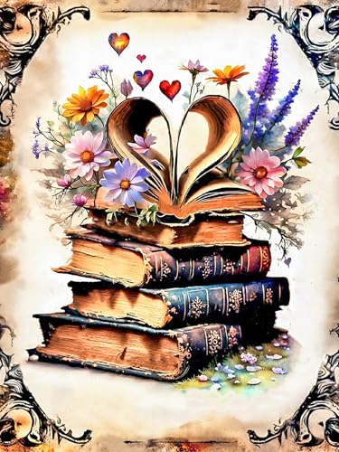 Meothan 5D Diamond Painting Kits for Adults Book Flowers Diamond Art Kits for Adoults, DIY Full Round Paint with Diamond Art Dots Retro Gem Art Painting Crafts for Home Wall Decor 11.8x15.7inch