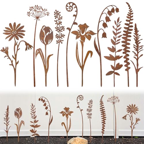 KERANEET 10 Stück Rost Gartenstecker Frühlings Blumenstecker Rostdeko Gartendeko Gartenstecker Blumes Rost Dekoration für Garten Hof Terrasse Balkon Blumentopfdekoration