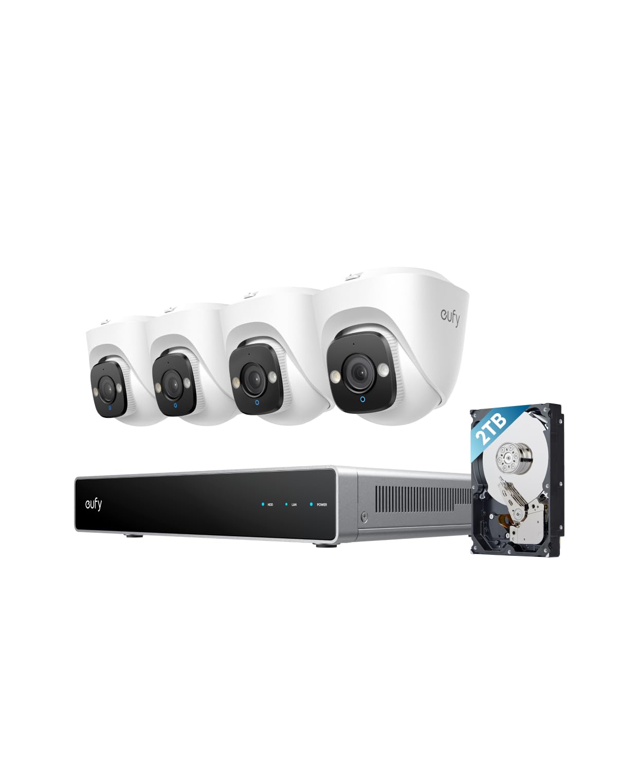 Eufy Security White + Black + Silver Poe Nvr Cctv Camera Systems E41, Wired Outdoor Cam, 4 4K Uhd Turret Cams, 122° Fov, Colour Night Vision, 24/7 Recording, Ai Detection, Red & Blue Lights, 8 Channel Nvr, 2Tb Hdd, Ip67