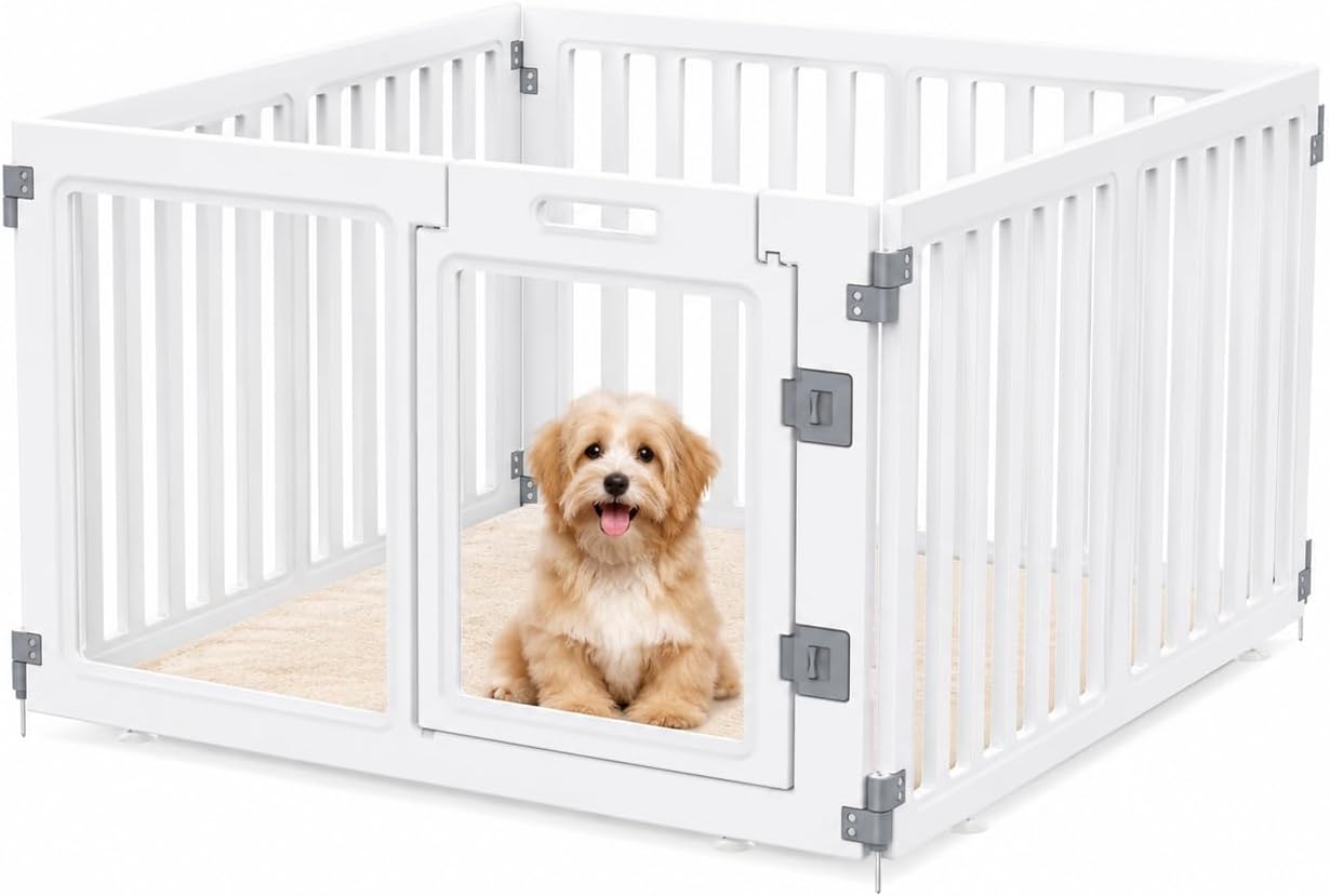 Clear Acrylic Dog Playpen with Door,23.6" Puppy Playpen,Easy Assemble Pet Fence for Puppies/Small Dog Play Pen Indoor (White, 23.6"&40", 4 PC(Fence))