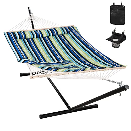 Image of ANOW Heavy Duty Hammock with 12FT Stand, Rope Hammock, Green & Blue Stripe