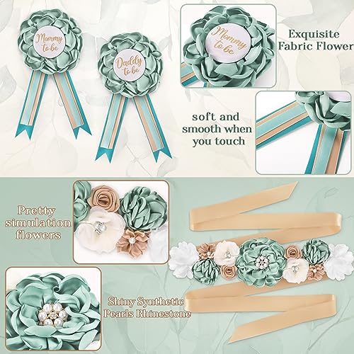 Miucat MOM-HH1 5 Pcs Sage Green Maternity Sash Kit Mom To Be Daddy To Be Corsage Pins Flower Crown Belly Belt Sash thumb #5