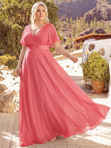 Image of Ever-Pretty Women's Chiffon Formal Evening Dresses for Curvy Women V-Neck Plus Size Floor Length Bridesmaid Dress