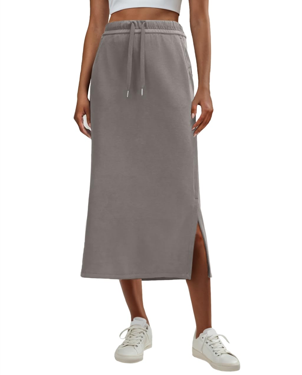 Lepunuo Women's High Waisted Sweat Maxi Skirt with Pockets Slit