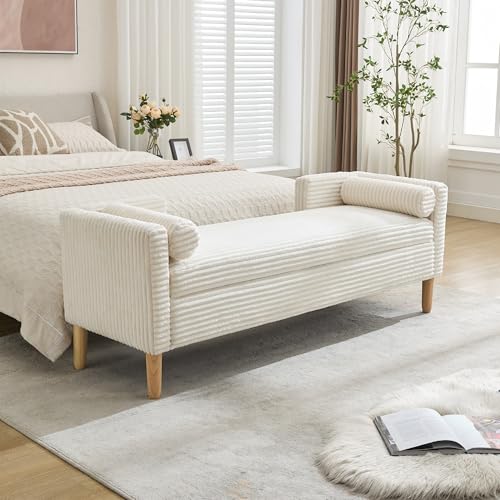 Chifee & Vingol 65.35 W Ottoman with Storage Bench for Bedroom End of Bed with Removable Pillows Upholstered Storage Ottoman Bench for Bedroom Living Room Hallway Ivory