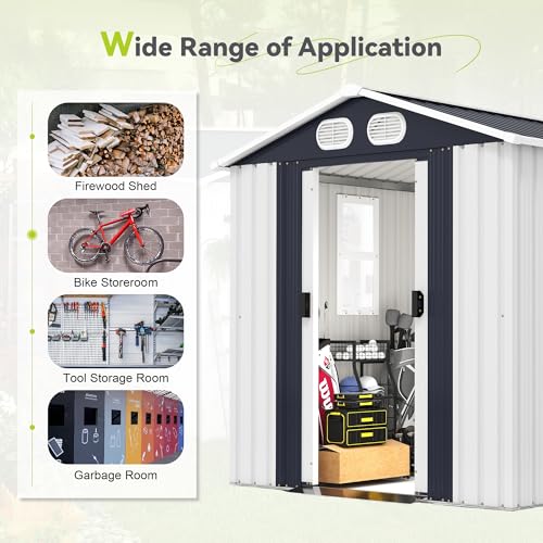 Image of KEIKI 8x6 FT Heavy-Duty Outdoor Storage Shed, Metal Shed with Reinforced Frame, Lockable Doors & Air Vents, Weatherproof Garden Tool Shed for Backyard, White