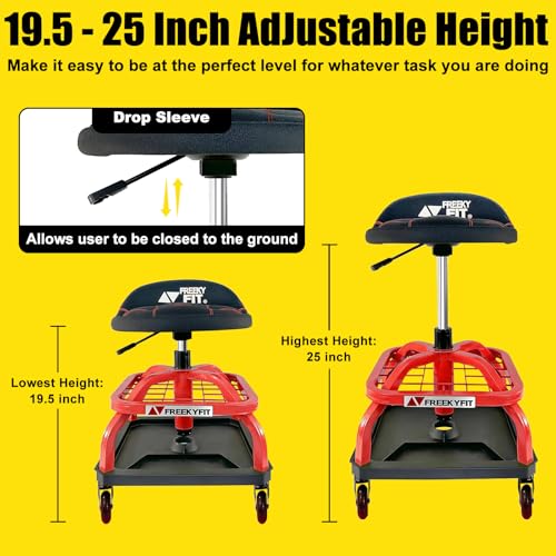 Image of Rolling Stool with Red Wheels, Heavy Duty Garage Work Mechanic Rolling Shop Stool with Backrest, Adjustable Height 360Swivel Roller Mechanic Chair with 2 Tool Trays, 330 LBS Capacity
